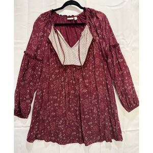 Hinge Boho Floral Peasant‎ Dress Womens M Burgundy Long Sleeve Fall Cottagecore